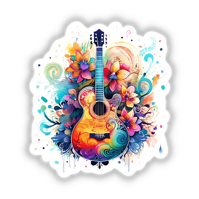 Vibrant acoustic guitar with colorful floral designs and swirling patterns, digital artwork for artistic expression.