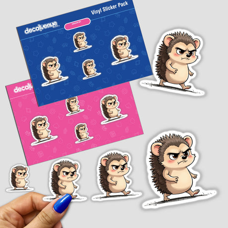 Cute Angry Hedgehog Cartoon Character sticker pack showing various hedgehog expressions, including an angry face, on a hand and surface. Available as stickers or digital artwork.