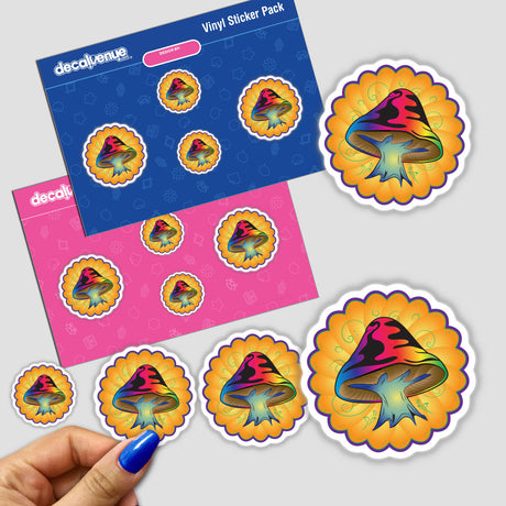 Colorful digital artwork featuring vibrant rainbow mushrooms in an array of unique sticker designs, presented on a pink and blue Decal Venue branded product packaging.