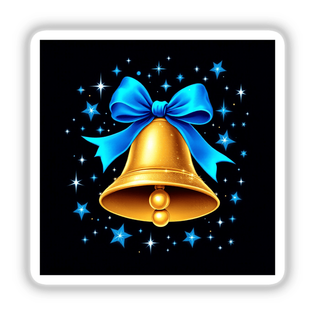 Gold Bell with Blue Ribbon and Sparkling Stars, available as stickers or digital artwork. The image captures a decorative gold bell adorned with a blue ribbon, reflecting Decal Venue's unique sticker and digital art offerings.