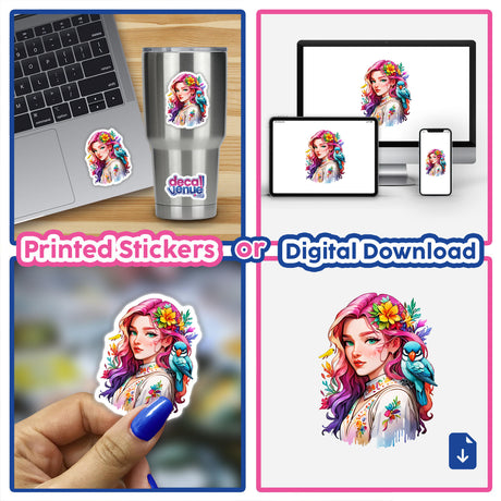 Coachella Floral Portrait Sticker - Bohemian Woman with Bird Illustration: collage featuring stickers and digital artwork, including a cartoon woman with colorful hair and flowers, perfect for laptops and cups.