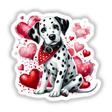 Watercolor Dalmatian Hearts features a close-up of a Dalmatian wearing a red bandana adorned with red and white hearts, available as unique vinyl stickers or digital artwork.