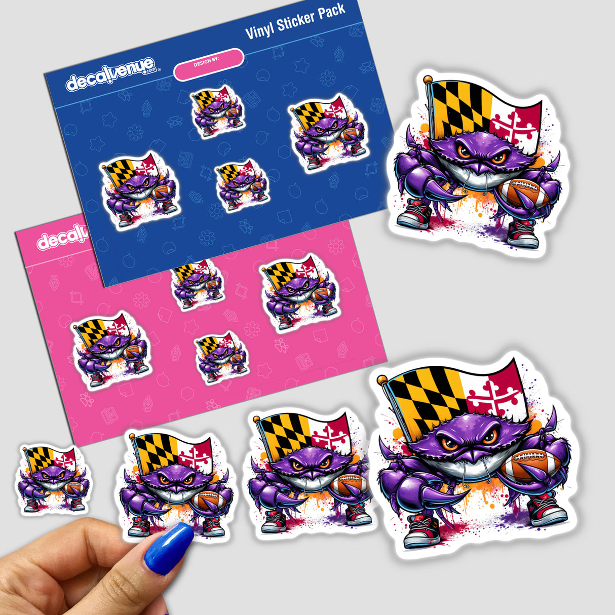 Maryland Flag Purple Crab Football Player sticker featuring a cartoon purple crab holding a football and flag, part of a unique sticker pack available at Decal Venue.