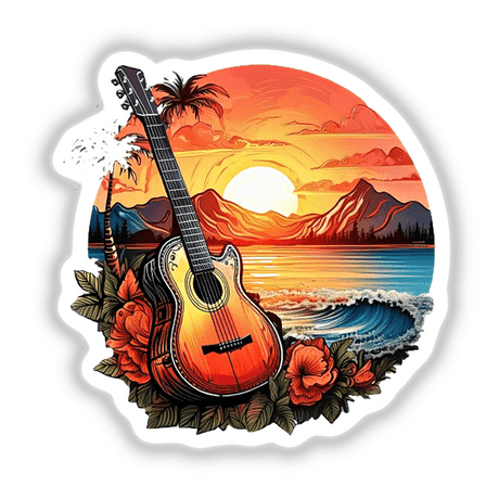 Sunset guitar - Vibrant digital artwork featuring a guitar surrounded by tropical foliage, a setting sun, and a serene ocean landscape.