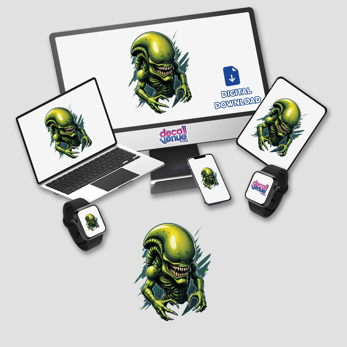 A Cool Xenomorph Alien Warrior displayed on a computer monitor and laptop, available as stickers or digital artwork from Decal Venue, featuring a green alien creature with sharp teeth.