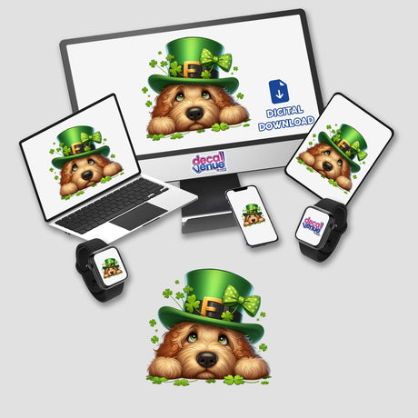 Leprechaun Peeking Goldendoodle Dog cartoon featured on various devices, showcasing stickers or digital artwork.