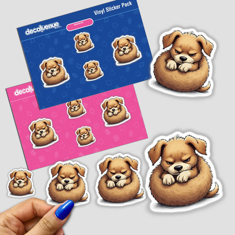 Cute Angry Puppy Curled Up sticker held by a hand, featuring a cartoon dog with a sad expression, available as stickers or digital artwork.