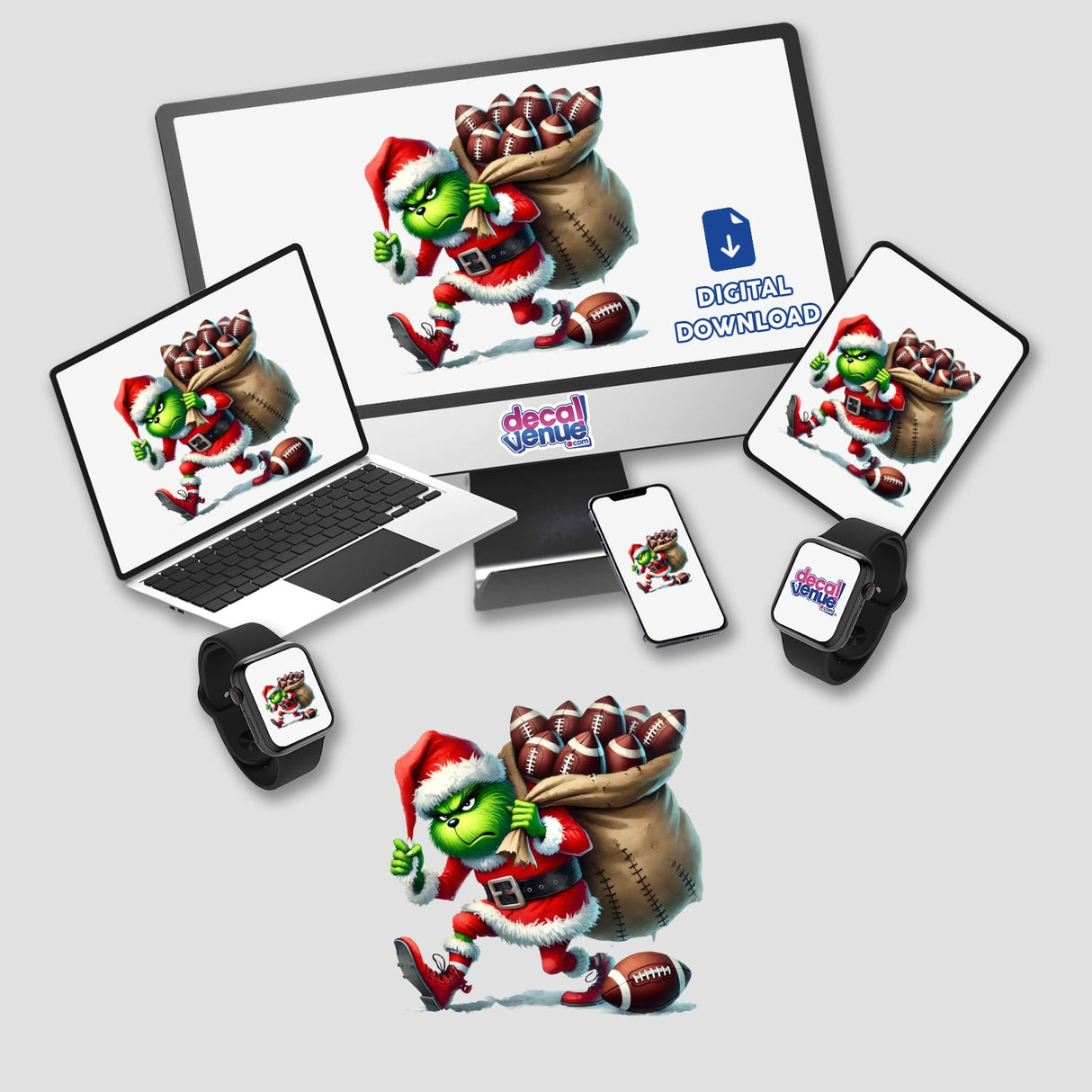 Santa Green Grouch Who Stole Football, depicted as a green cartoon character holding a sack of footballs, displayed on a computer monitor and laptop. Available as stickers or digital artwork from Decal Venue.