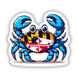 Colorful digital artwork depicting a smiling blue crab with Maryland flag design on its shell, set against a white background.