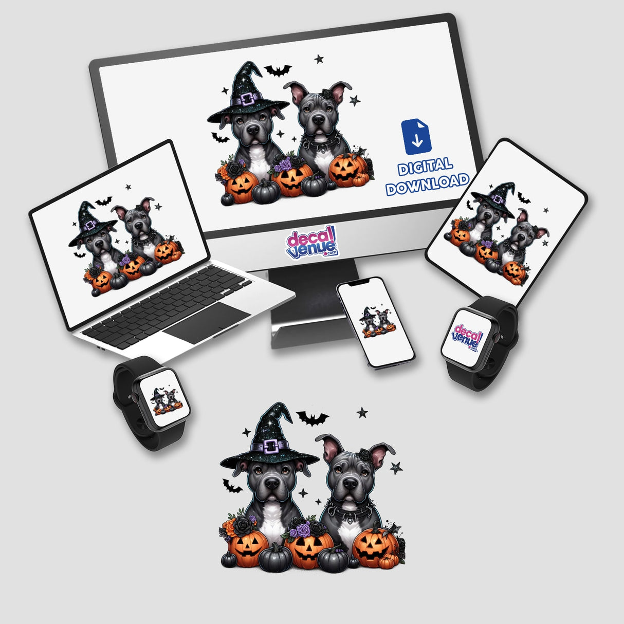 Two Halloween Pitbull Pumpkin Dogs displayed on a computer monitor and laptop, featuring images of dogs among pumpkins. Available as stickers or digital artwork from Decal Venue.