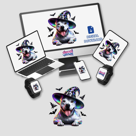 Joyful Pitbull puppy in colorful witch hat surrounded by bats, digital artwork for versatile use