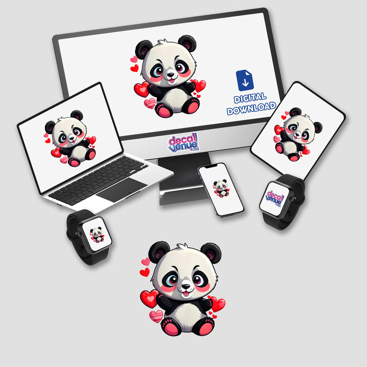 A Cute Panda Bear With Love Hearts on various devices, including a computer monitor, laptop, and smartwatch, available as stickers or digital artwork, representing Decal Venue's unique collection.