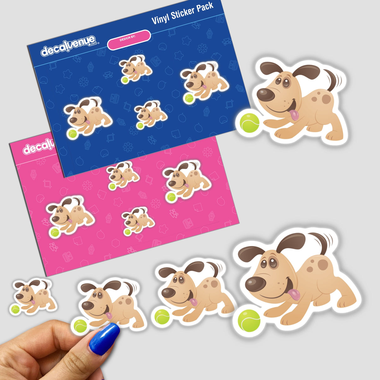 Playful Puppy sticker pack featuring cartoon dogs joyfully engaging with tennis balls, embodying Decal Venue's unique flair for creative and whimsical sticker designs.