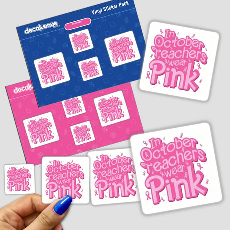 Hand holding a sticker pack from the Gold Breast Cancer Series 1, available as stickers or digital artwork, featuring unique designs and supporting breast cancer awareness.