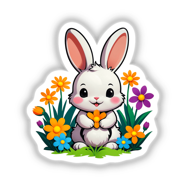 Cartoon of a cute rabbit holding blooming spring flowers, available as stickers or digital artwork from Decal Venue, known for unique stickers and digital art.