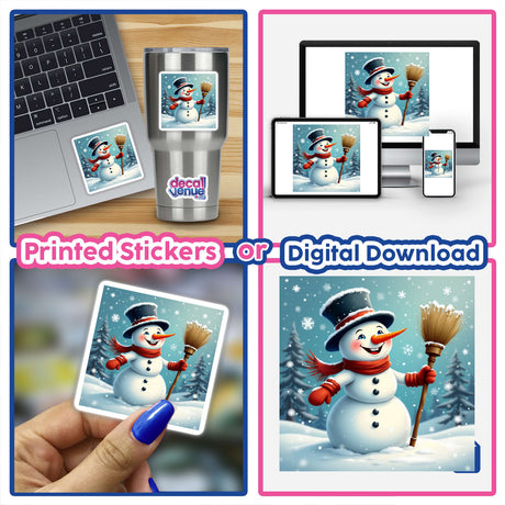 Snowman Envelope Seal Stickers – Frosty and Fun Holiday Stationery features a cartoon snowman with a hat and scarf, holding a broom, ideal for festive stationery or digital art use.