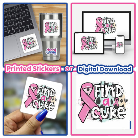 Gold Breast Cancer Series 18: A laptop adorned with a pink ribbon sticker, featuring a hand holding a square sign with a pink ribbon and text. Available as stickers or digital artwork.