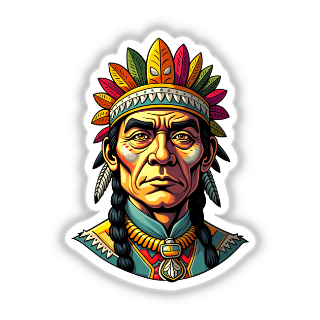 Illustration of a Native American Warrior Chief wearing a feathered headdress, available as stickers or digital artwork from Decal Venue, specializing in unique vinyl stickers and digital art.