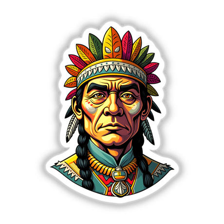 Illustration of a Native American Warrior Chief wearing a feathered headdress, available as stickers or digital artwork from Decal Venue, specializing in unique vinyl stickers and digital art.