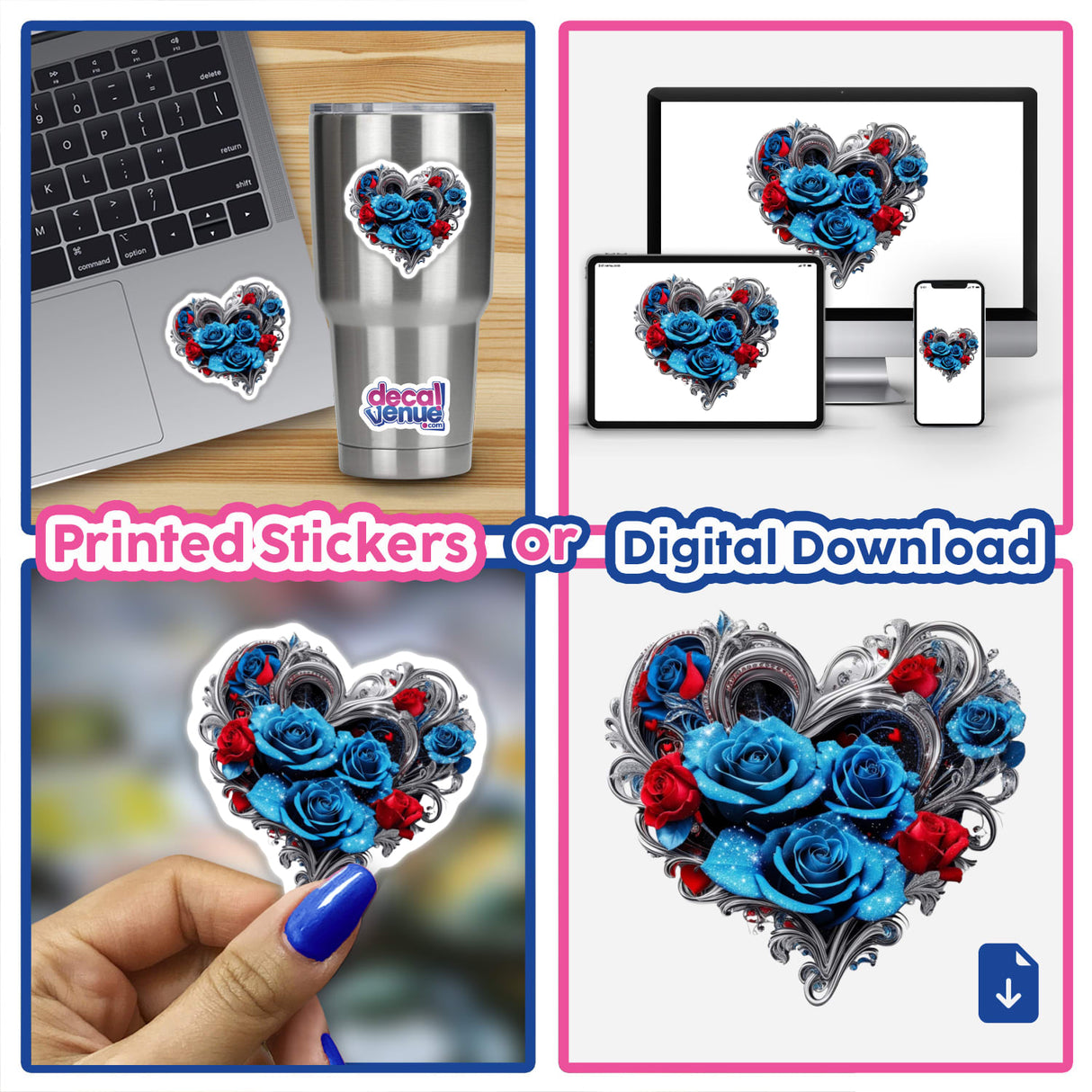 Sparkling Silver Heart With Blue And Red Roses features a collage of heart-shaped floral designs, showcasing vibrant roses. Available as stickers or digital artwork, ideal for adding charm to any surface.