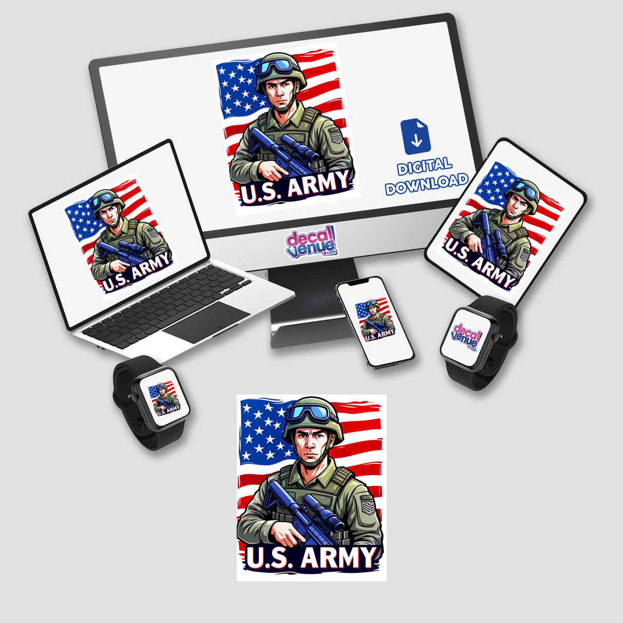 Laptop displaying digital art of a U.S. Army soldier with a flag, offered as stickers or digital artwork. Perfect for military enthusiasts from Decal Venue's unique collection.