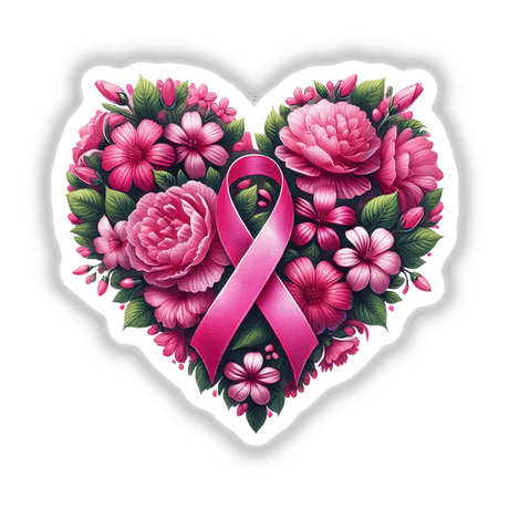 Floral Heart and Pink Ribbon Breast Cancer design featuring a heart-shaped pink ribbon surrounded by roses and other flowers, available as stickers or digital artwork from Decal Venue.