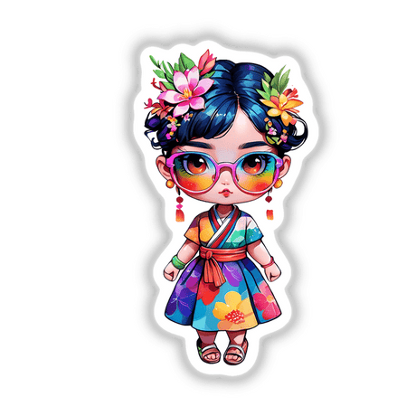 Japanese Girl Sticker - Glasses and Kimono: Cartoon girl with glasses, flowers in hair, and a colorful kimono, available as stickers or digital artwork.