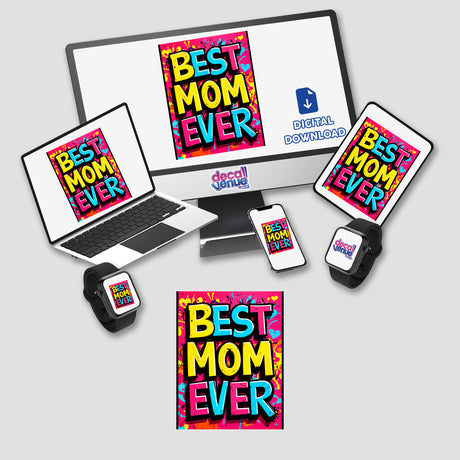 Best Mom Ever digital artwork displayed on various gadgets including a laptop, phone, and tablet, highlighting its versatility as both stickers and digital art from Decal Venue.