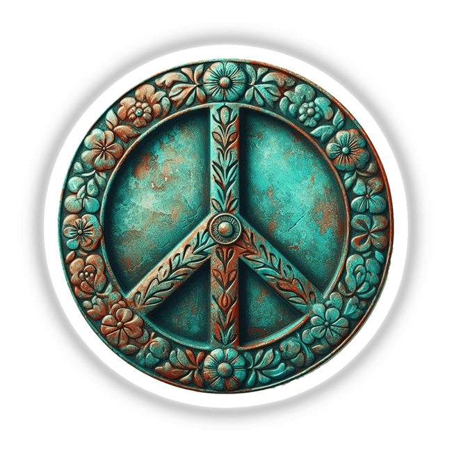 Ornate floral peace sign, brass-toned and patina-colored digital artwork featuring intricate flower and leaf designs surrounding a metallic peace symbol.