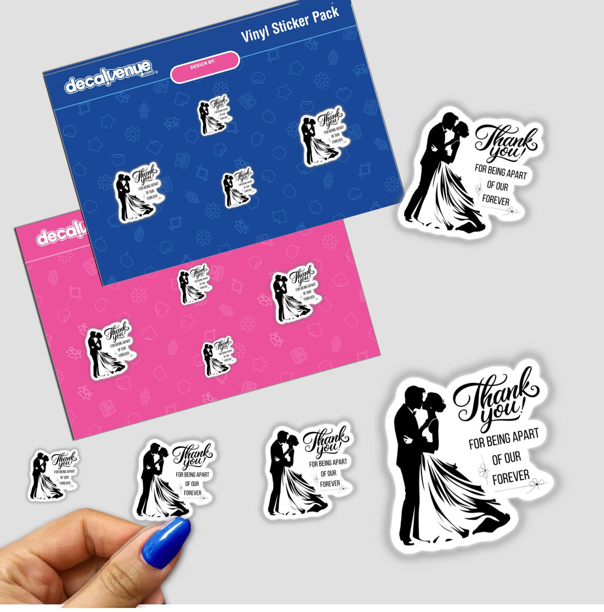 Sticker pack titled Wedding Thank You featuring cartoon illustrations, including a couple kissing and a dancing silhouette, emphasizing unique, artistic designs from Decal Venue.