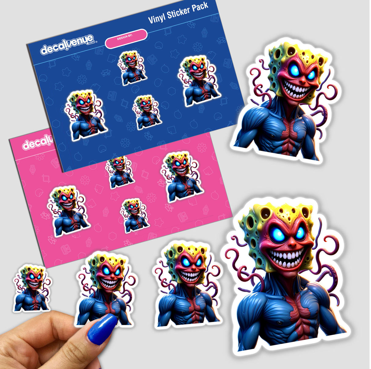 Alien Mutant Superhero Villain sticker pack, featuring cartoon characters with vibrant expressions and unique designs, held by a hand, available as stickers or digital artwork at Decal Venue.