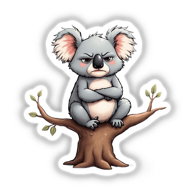 Angry cartoon koala sitting on a tree branch with crossed arms, available as stickers or digital artwork from Decal Venue.