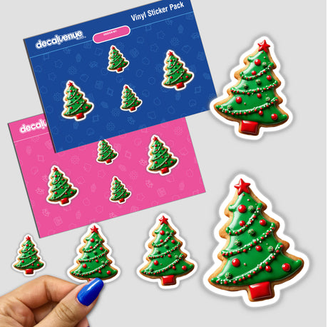 Festive Christmas Cookie Tree Design sticker pack, featuring multiple stickers resembling Christmas tree-shaped cookies, available as physical stickers or digital artwork.