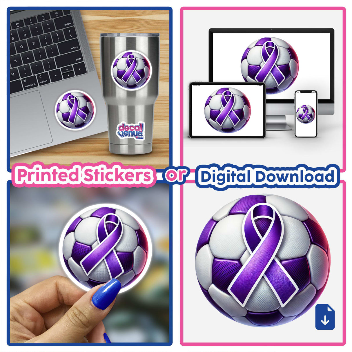 Soccer Ball Purple Ribbon: A collage featuring a soccer ball adorned with a purple ribbon and a laptop, available as stickers or digital artwork from Decal Venue.