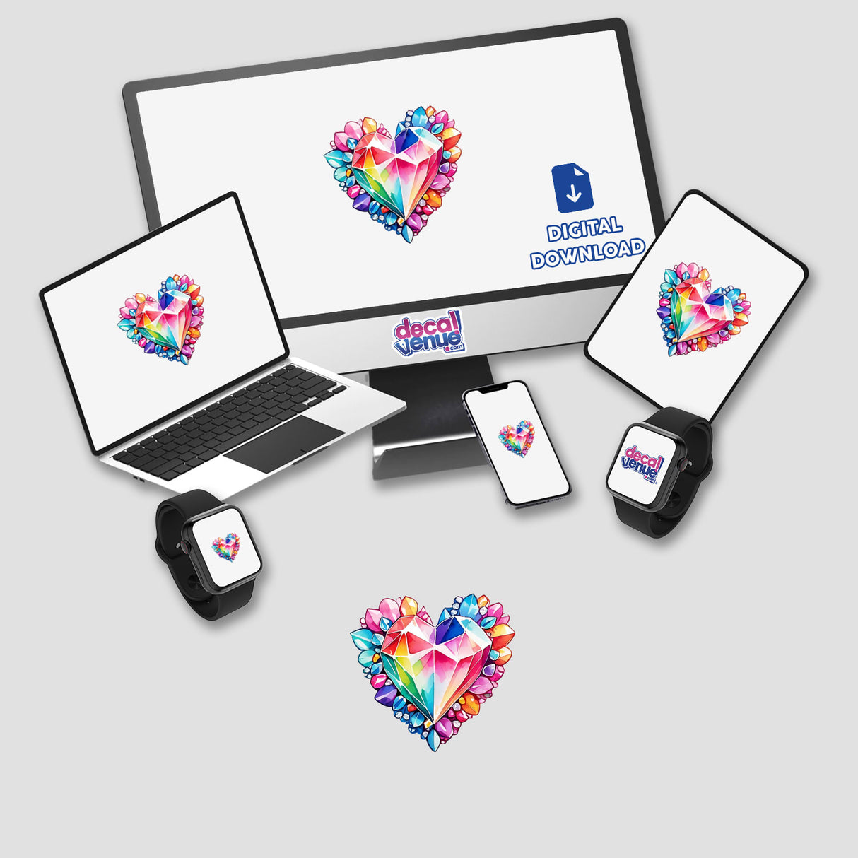 Colorful Heart Made of Diamonds: Sticker Design featuring a vibrant heart-shaped diamond displayed on a computer monitor, laptop, tablet, and smartwatch screens. Available as Stickers or Digital Artwork.