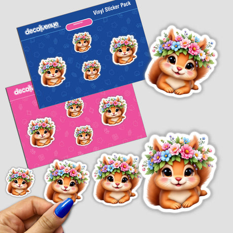 Charming Squirrel with a Flower Crown sticker pack featuring adorable cartoon squirrels adorned with flower crowns, available as stickers or digital artwork from Decal Venue.