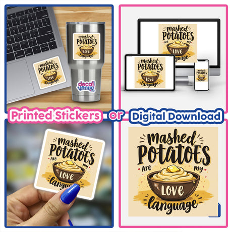 Mashed Potatoes Are My Love Language Thanksgiving Sticker displayed on a laptop, emphasizing its playful design. Available as a sticker or digital artwork, perfect for Thanksgiving-themed decor.