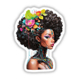 Sticker Design: Afro Portrait with Wires and Cables featuring a woman adorned with flowers and colorful makeup, intertwined with wires around her neck, available as stickers or digital artwork.