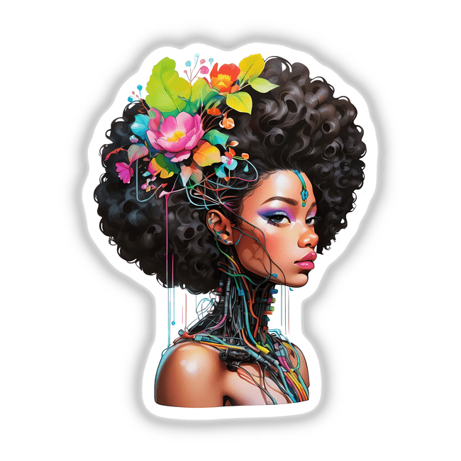 Sticker Design: Afro Portrait with Wires and Cables featuring a woman adorned with flowers and colorful makeup, intertwined with wires around her neck, available as stickers or digital artwork.