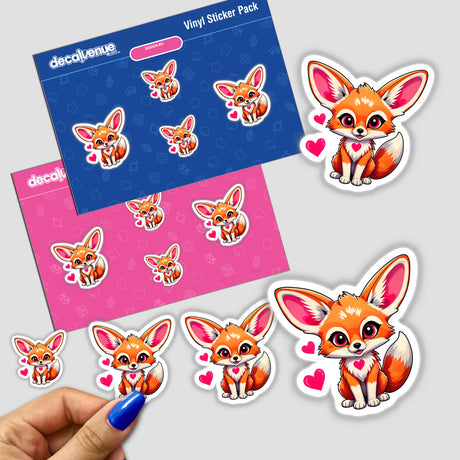 A sticker pack titled A Cute Fennec Fox With Love Hearts featuring cartoon foxes with pink ears and hearts, available as stickers or digital artwork.