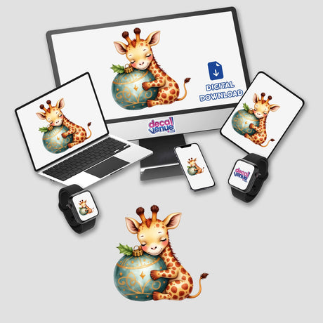 Baby Giraffe Sleeping on Christmas Ornament: Cartoon giraffe hugging a festive ornament displayed on a computer monitor and laptop, available as stickers or digital artwork from Decal Venue.