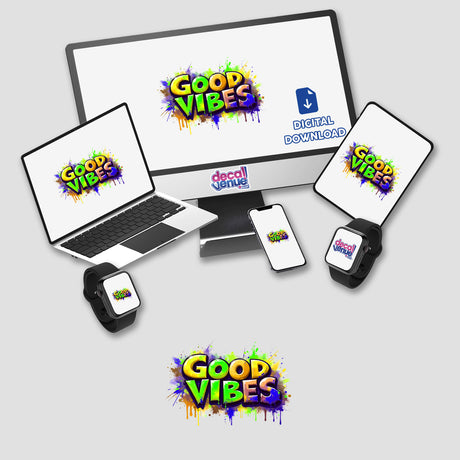 Good Vibes Graffiti Art displayed on a computer monitor and laptop, showcasing vibrant text with paint splatters. Available as stickers or digital artwork, highlighting Decal Venue's unique design offerings.