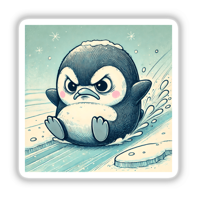 Grumpy Penguin Sliding on Ice cartoon illustration, available as stickers or digital artwork from Decal Venue.