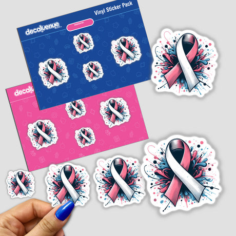 Cancer Ribbon Splatter sticker pack featuring pink ribbons with paint splashes and designs. Available as physical stickers or digital artwork.