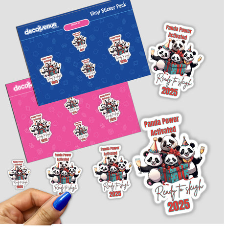 Christmas celebration pandas stickers featuring pandas holding presents and champagne, ideal for festive decorations or digital artwork.