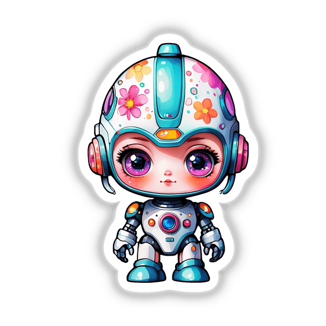 Kawaii Sci-Fi Robot Sticker featuring a cute cartoon robot with a helmet and big eyes, available as stickers or digital artwork.