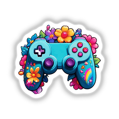 Gaming Vibes: Rainbow Floral Splash Controller Sticker featuring a blue video game controller adorned with colorful cartoon flowers, available as stickers or digital artwork.