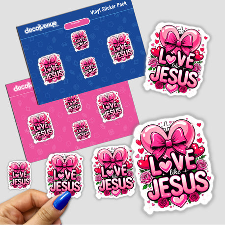 Love Like Jesus Valentine Hearts stickers feature heart designs with bows and flowers, perfect for adding a romantic touch to your projects, available at Decal Venue.