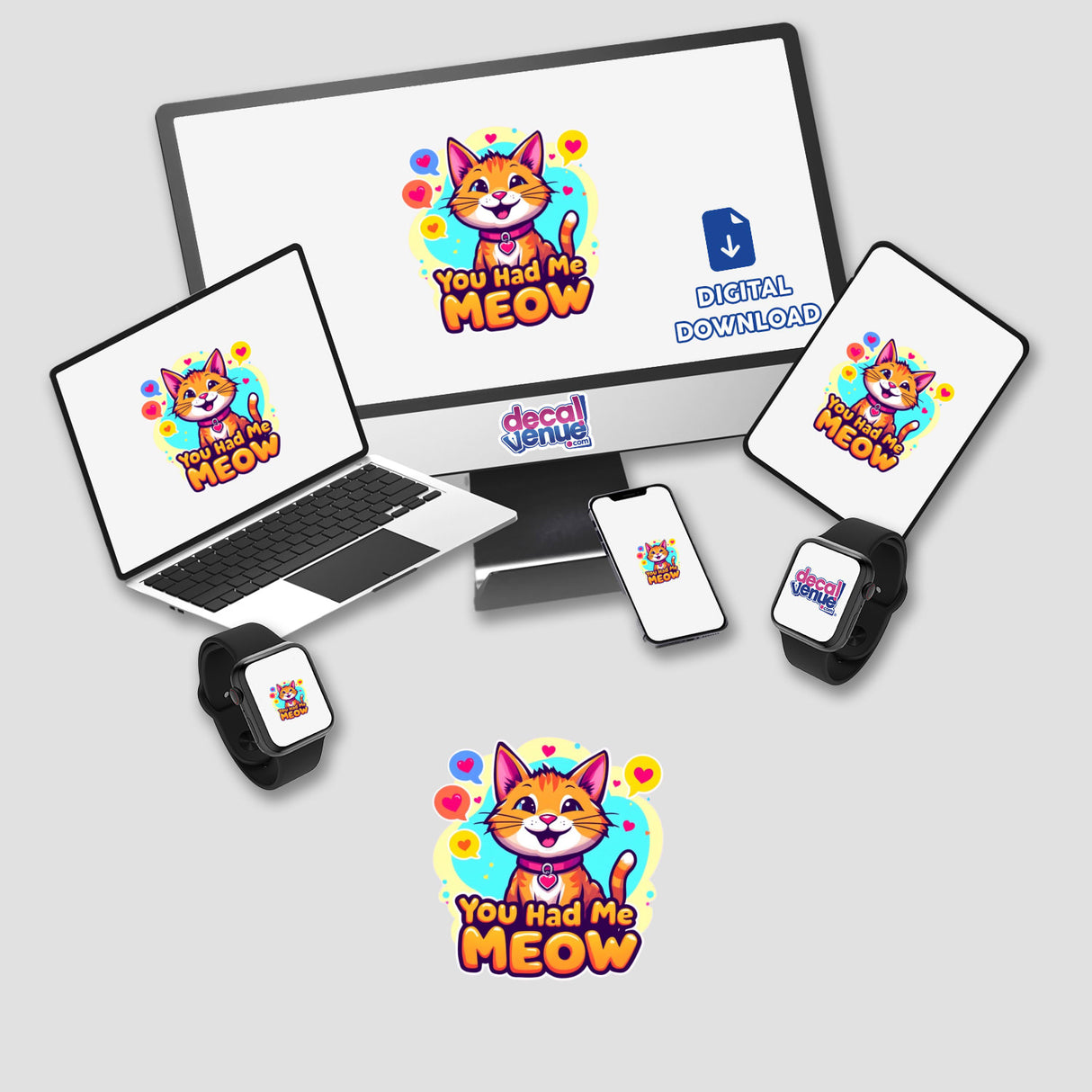 Valentine Cat stickers or digital artwork displayed on a monitor and laptop, featuring a cartoon cat with hearts; also visible on a phone, smartwatch, and a keyboard close-up.