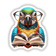 Parrot With Reading Glasses Open Book, a cartoon depiction of a colorful bird wearing glasses engrossed in a book, available as unique stickers or digital artwork at Decal Venue.